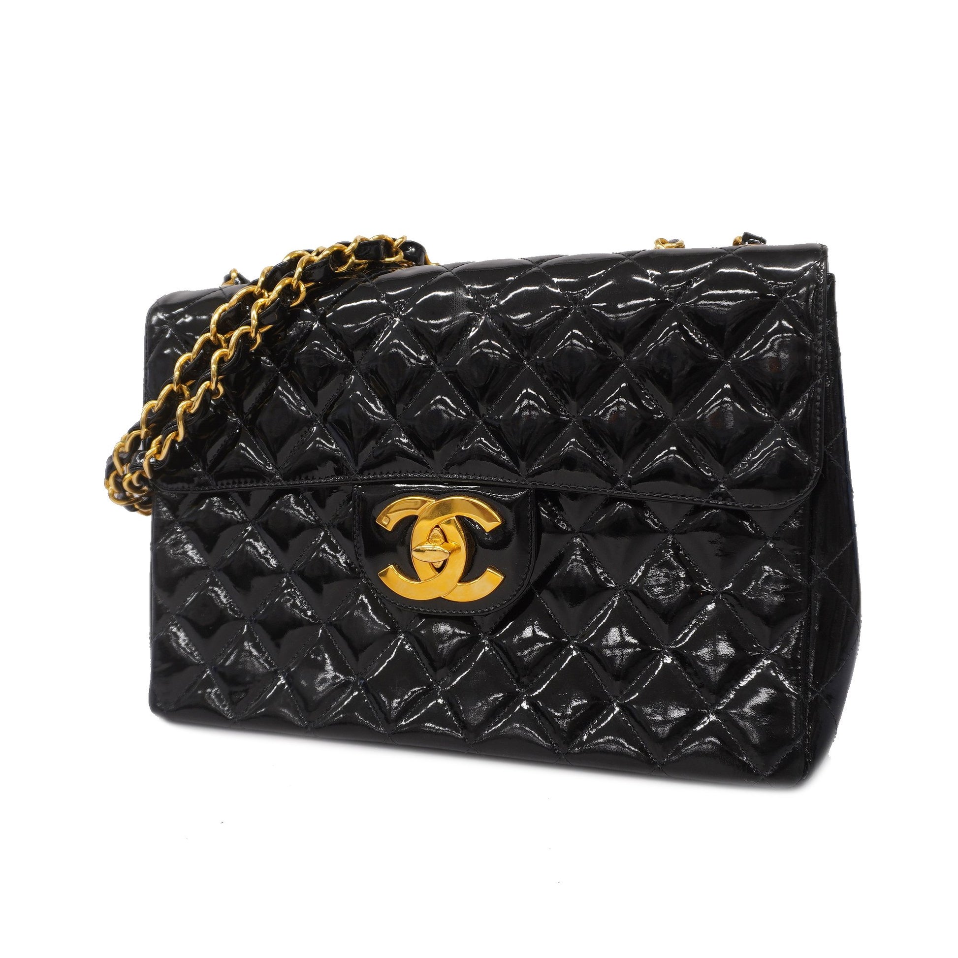 Chanel Big Matelasse W Chain Women's Patent Leather Shoulder Bag Black