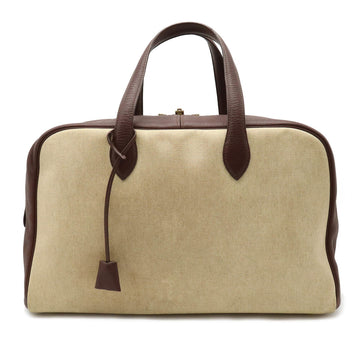 HERMES Victoria 43 Boston bag handbag toile ash leather beige tail red brown