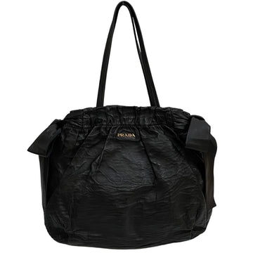 PRADA logo metal fittings leather genuine ribbon handbag tote bag business black
