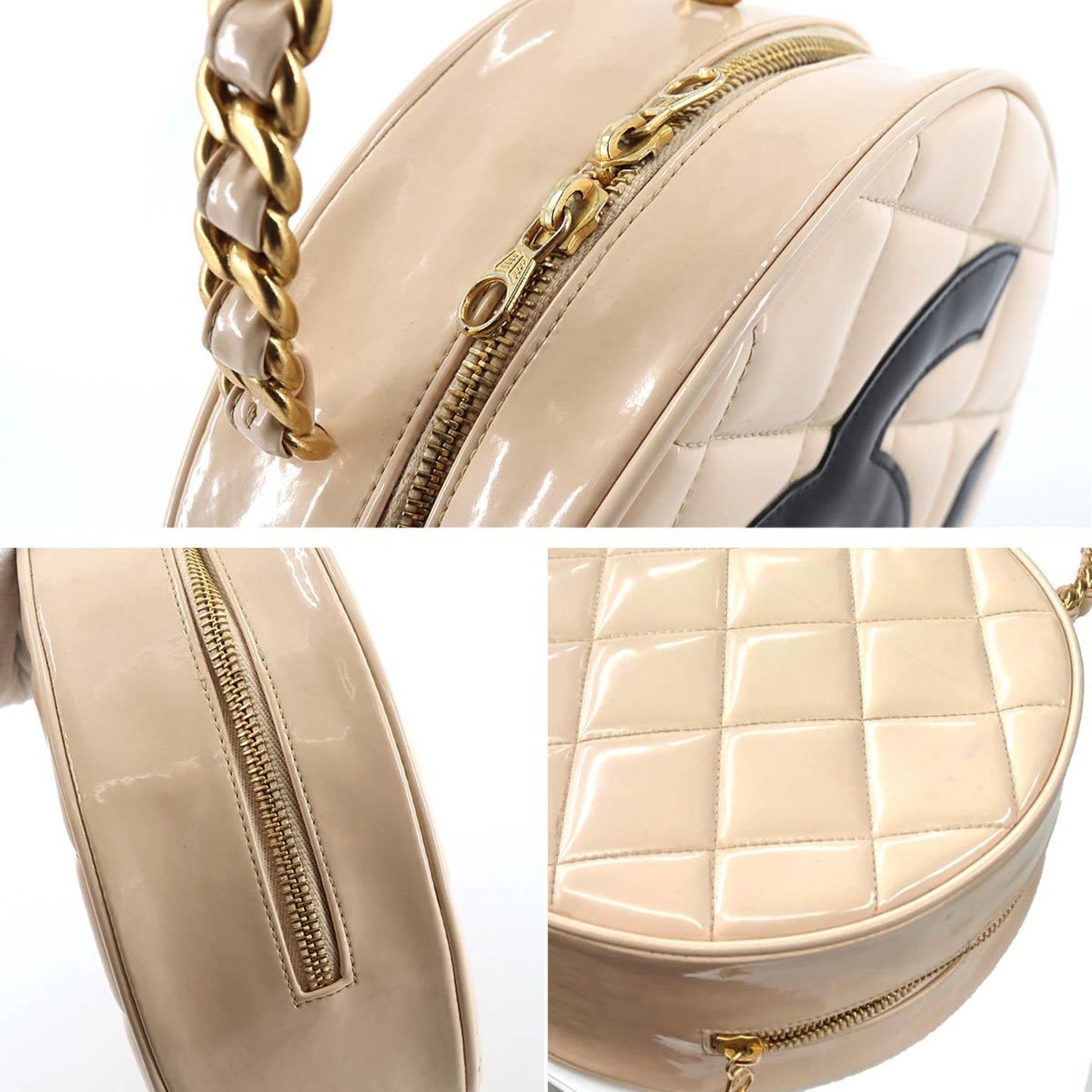 Chanel matelasse round vanity hand bag enamel beige black vintage gold