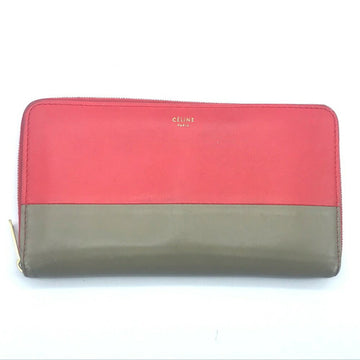 CELINE Round Zipper Long Wallet Fashion Accessories Lambskin Ladies Red x Beige