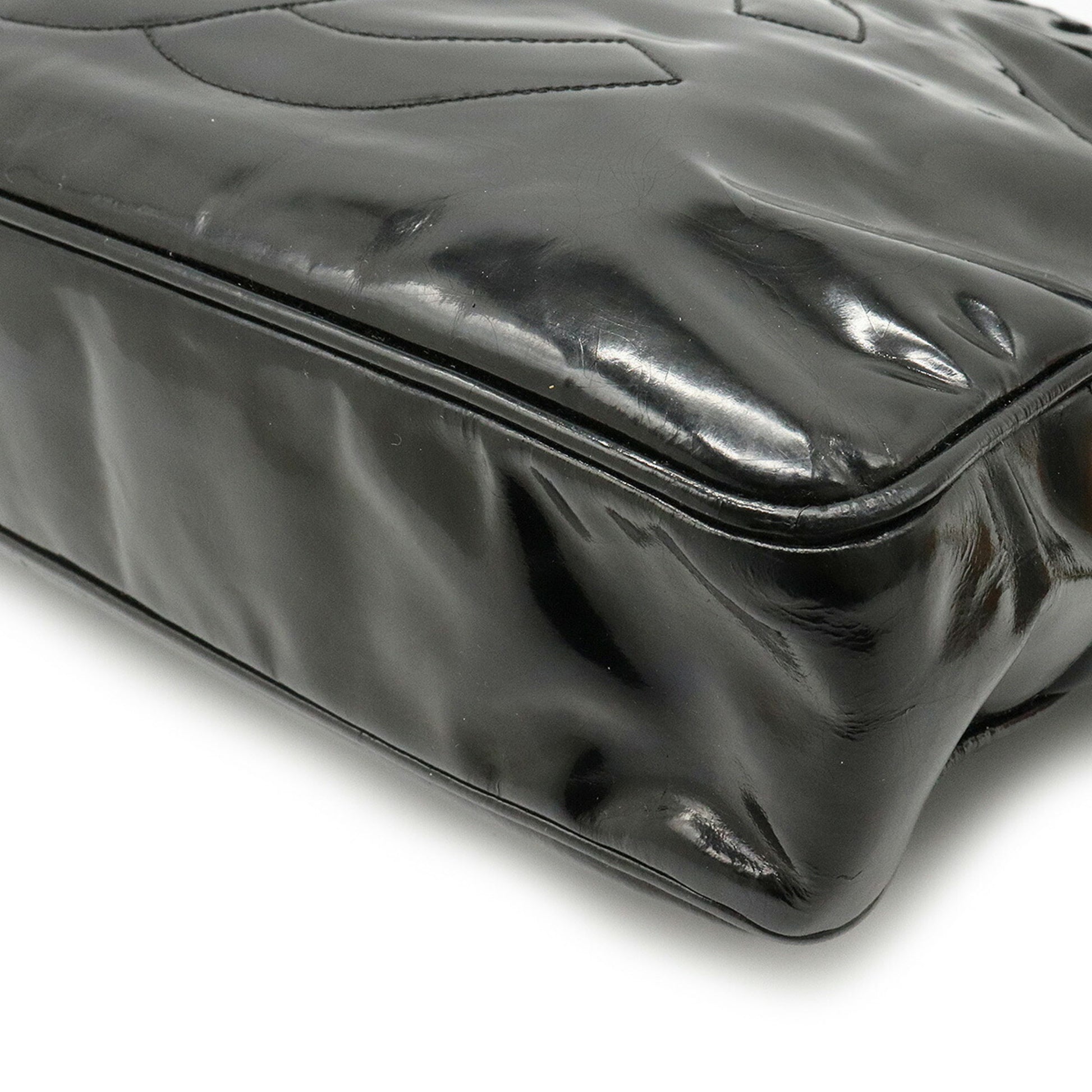 Chanel Here Mark Chain Shoulder Bag Tote Enamel Patent Leather Black