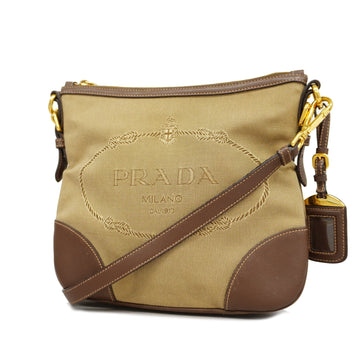 Prada Logo Jacquard Women's Canvas,Leather Shoulder Bag Beige