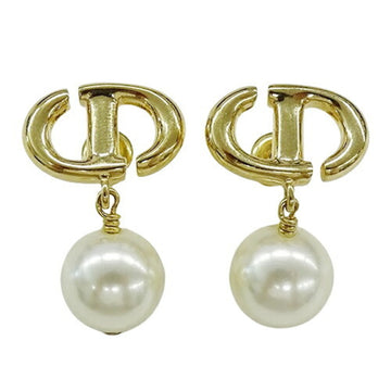 CHRISTIAN DIOR Earrings Women's Brand Metal Resin Pearl CD Navy Gold White Logo For Both Ears