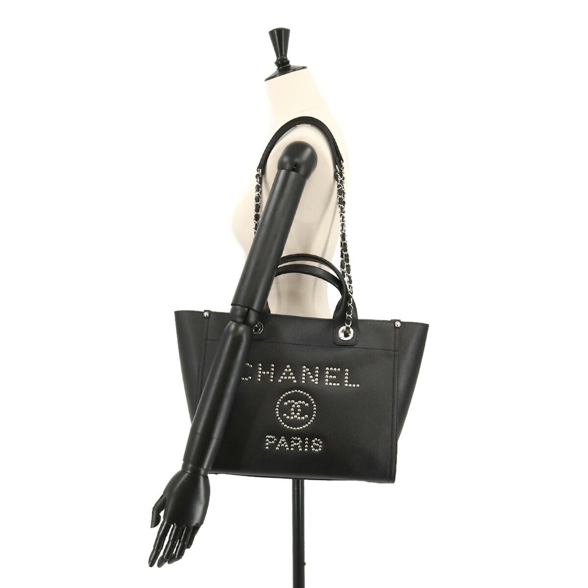 CHANEL Deauville 2way chain tote shoulder bag studs caviar skin black