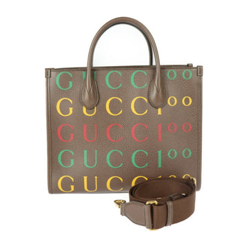 GUCCI 100th Anniversary Tote Bag 680956 Leather Brown Multicolor 2WAY Handbag Shoulder