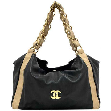 CHANEL Chain Tote Bag Black Beige Gold Cocomark Leather Lambskin 7th  Big Soft