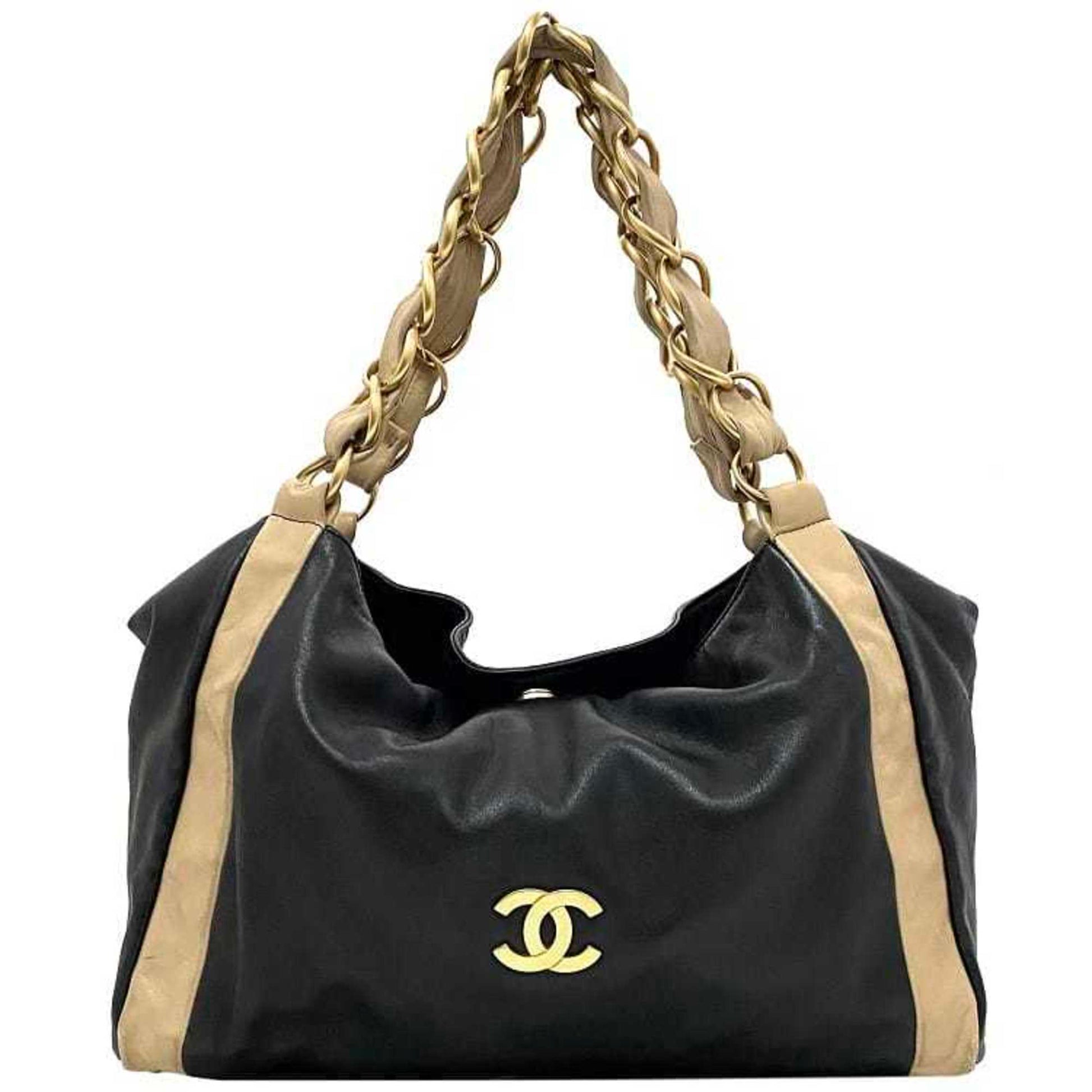 CHANEL Chain Tote Bag Black Beige Gold Cocomark Leather Lambskin 7th B
