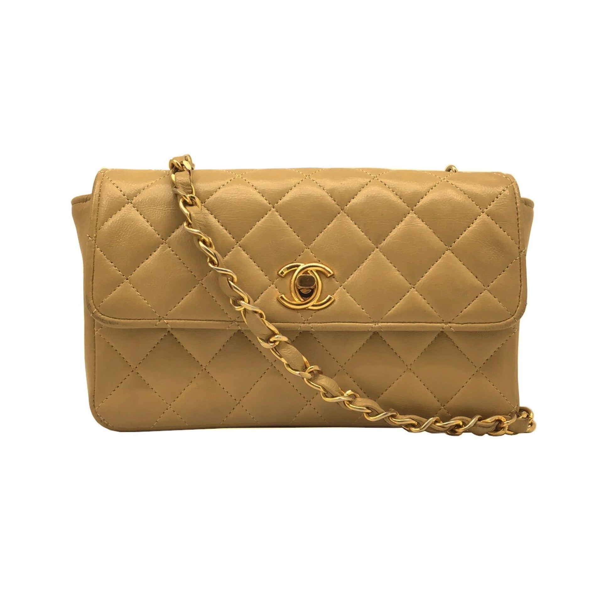 Chanel Mini Matelasse Chain Shoulder Bag Lambskin Beige Gold Hardware