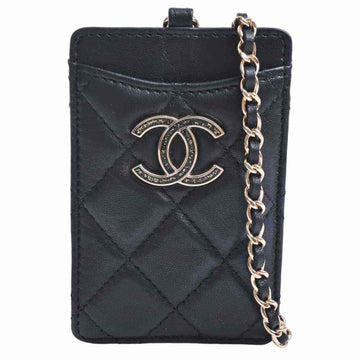 Chanel Lambskin Coco Mark Matrasse Chain Neck Strap Card Case Pass Black