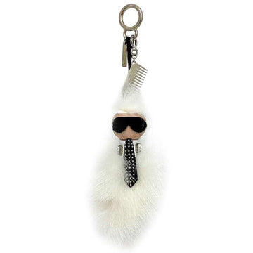 FENDI Karl Lagerfeld Charm White Black Silver Keychain Fur Leather Metal Bag Key Ring Face Doll Accessory Unique
