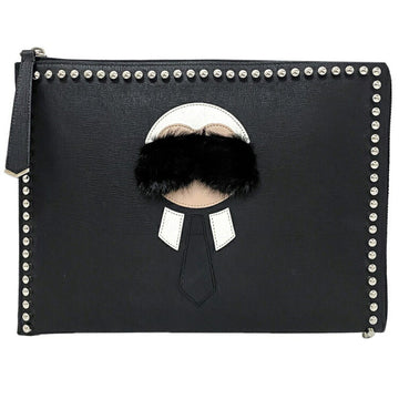 FENDI clutch bag black 8M0370 L-shaped leather studs fur  strap handbag ladies character