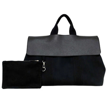 Hermes Tote Bag Valparaiso MM Black Silver Canvas Leather Toile Chevron O Engraved HERMES Handbag Flap Cotton
