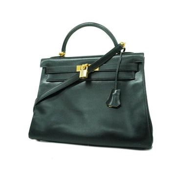 HERMES Handbag Kelly 32 〇X Engraved Box Calf Black Gold Hardware Women's