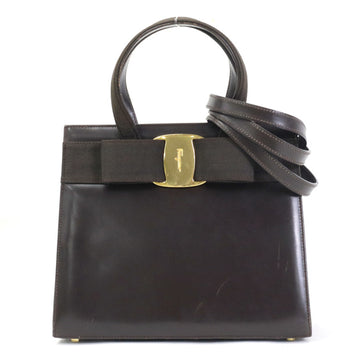 SALVATORE FERRAGAMO Handbag Shoulder Bag Vala Ribbon Leather/Canvas Dark Brown Gold Women's e55873g