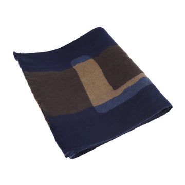 LOUIS VUITTON muffler wool 97% silk 7% navy brown logo with fringe
