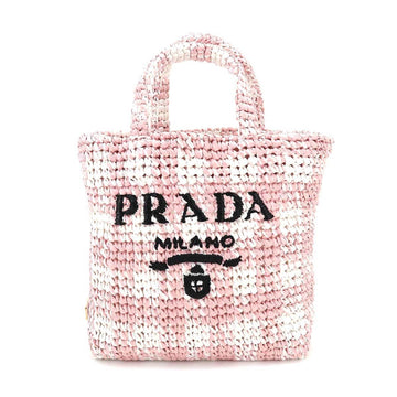 PRADA Small Crochet Tote Bag Straw Arabastro 1BG422 Pink White