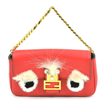 FENDI Handbag Micro Baguette Leather/Fur Red/Multicolor Gold Ladies