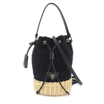 PRADA 2way hand shoulder bag basket wicker canvas natural Nero 1BE040 gold metal fittings Hand Shoulder Bag