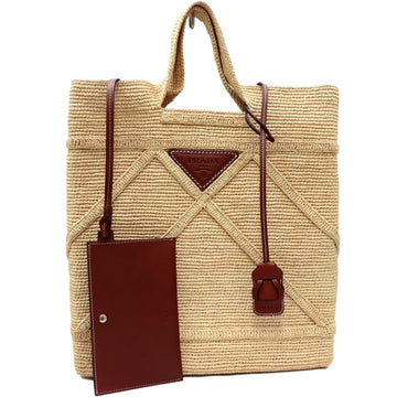 Prada 21SS raffia tote bag ladies beige triangle plate with leather pouch straw 1BG330 PRADA