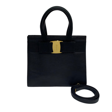 SALVATORE FERRAGAMO Vara Ribbon Leather Genuine 2way Handbag Shoulder Bag Black