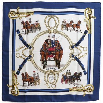 HERMES Carre 90 EQUIPAGES Carriage Silk Navy/White Women's Scarf