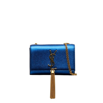SAINT LAURENT Chain Shoulder Bag Blue Leather Women's