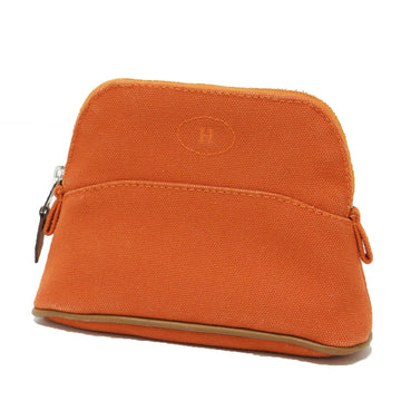 HERMES Pouch Accessory Case Orange Zipper Logo Embroidery Leather Piping Canvas Bolide Mini Made in France