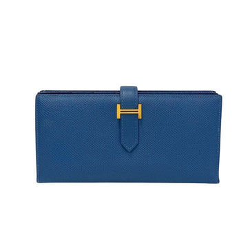 HERMES Beance Souffle Metal Fittings Vaux Epson Leather Bifold Long Wallet Blue 201-6