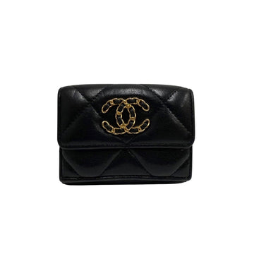 CHANEL 19 Matelasse Lambskin Leather Genuine Trifold Wallet Black 20151
