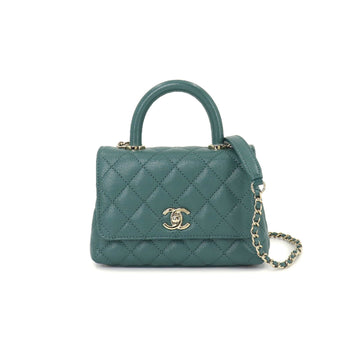 Chanel here handle matelasse 2way hand shoulder bag caviar skin leather green AS2215 Matelasse Bag