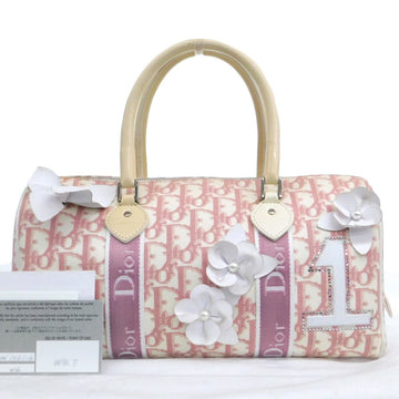 CHRISTIAN DIOR Trotter Flower Handbag Boston Bag Canvas Pink