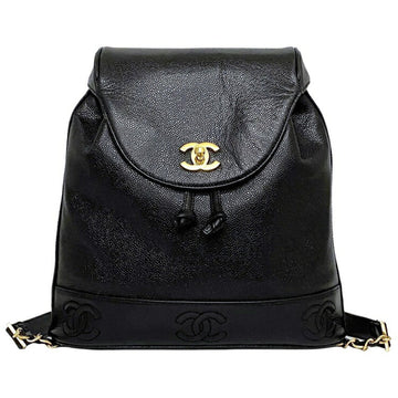 Chanel Backpack Black Gold Triple Coco Leather Caviar Skin 4th CHANEL Chain Turnlock Mark Flap Women's Bag