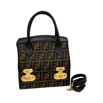 FENDI Zucca FF Logo Leather Genuine Canvas 2way Handbag Makeup Pouch Shoulder Bag Black