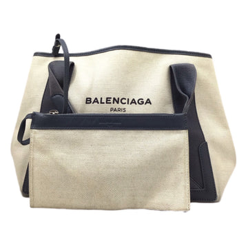 BALENCIAGA Navy Cabas 339933 Light Gray Beige Canvas Leather Pouch Handbag Bag Women Men Unisex