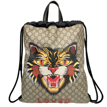 GUCCI GG Supreme Drawstring Backpack Tiger Handbag 473872 PVC Nylon Rucksack Beige Black Men Women
