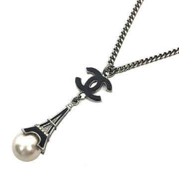 Chanel Pendant Necklace Coco Mark Artificial pearl Eiffel Tower 06C Black Silver Color Ladies