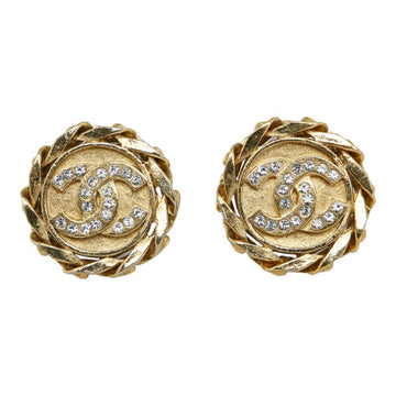 CHANEL Cocomark Rhinestone Chain Earrings Gold Plated Women's