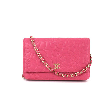 Chanel camellia chain wallet long leather pink gold metal fittings A82336 Camellia Wallet