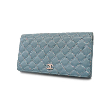 Chanel bi-fold long wallet lambskin light blue silver metal