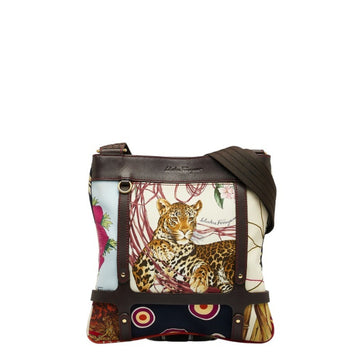 SALVATORE FERRAGAMO Animal Leopard Shoulder Bag Brown Leather Canvas Women's