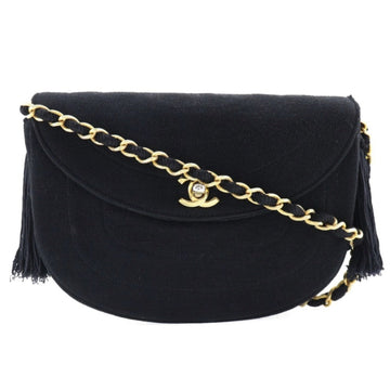 CHANEL Chain Shoulder Bag Coco Mark Tassel Vintage Cotton France Black/Gold Hardware Crossbody Turn Lock ChainShoulder Women's
