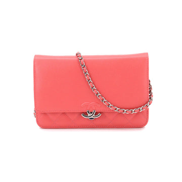 Chanel chain wallet folio long leather pink here mark silver metal fittings Chain Wallet