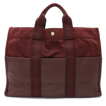 Hermes Fool Tote MM Half Leather Bag Handbag Canvas Bordeaux Red