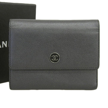 CHANEL here mark logo button tri-fold wallet leather black with seal 10 series