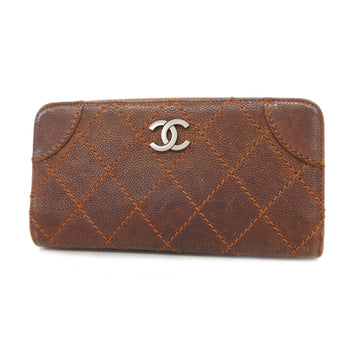 Chanel bi-fold long wallet wild stitch caviar skin brown silver metal