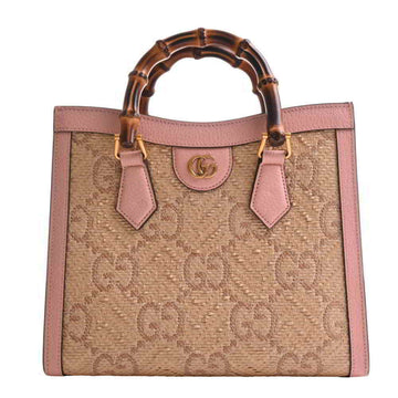 Gucci Bamboo Raffia Leather GG Diana Handbag Pink Beige