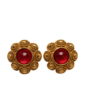 CHANEL Colored Stone Flower Motif Earrings Gold Red Plated Resin Women's