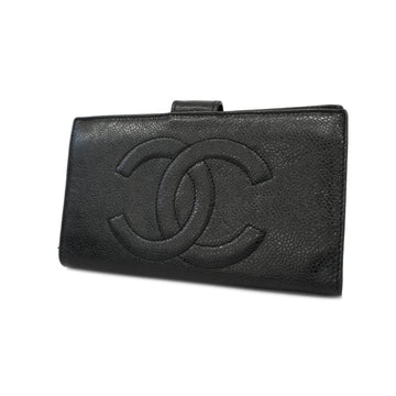 Chanel bi-fold long wallet caviar skin black gold metal