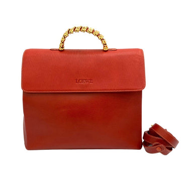 LOEWE Logo Velazquez Twist Handle Leather Genuine 2way Handbag Shoulder Bag Red